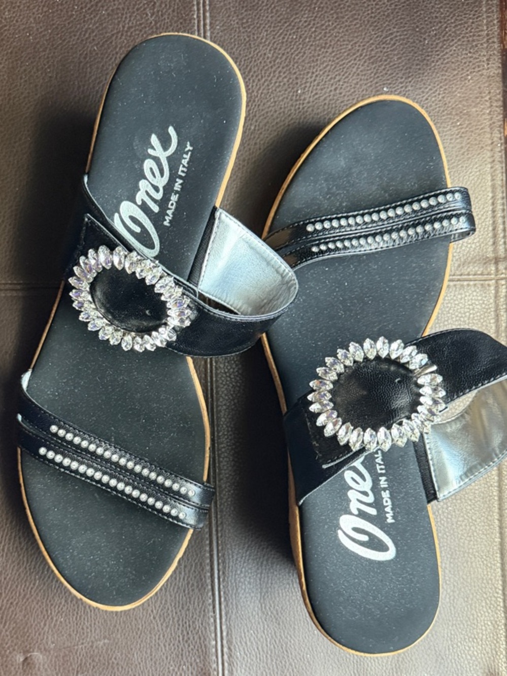 Onex Black Jeweled Double-Strap Slide Sandals